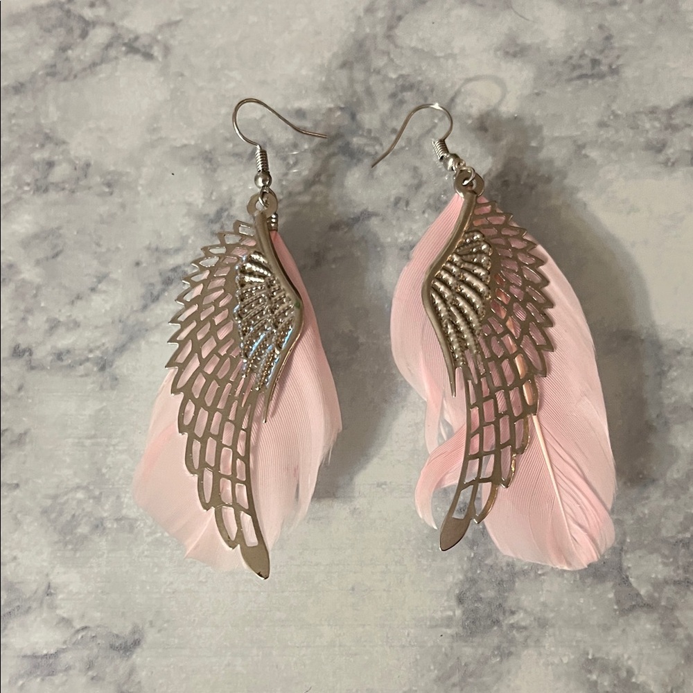 Elegant Pink Feather Wing Earrings